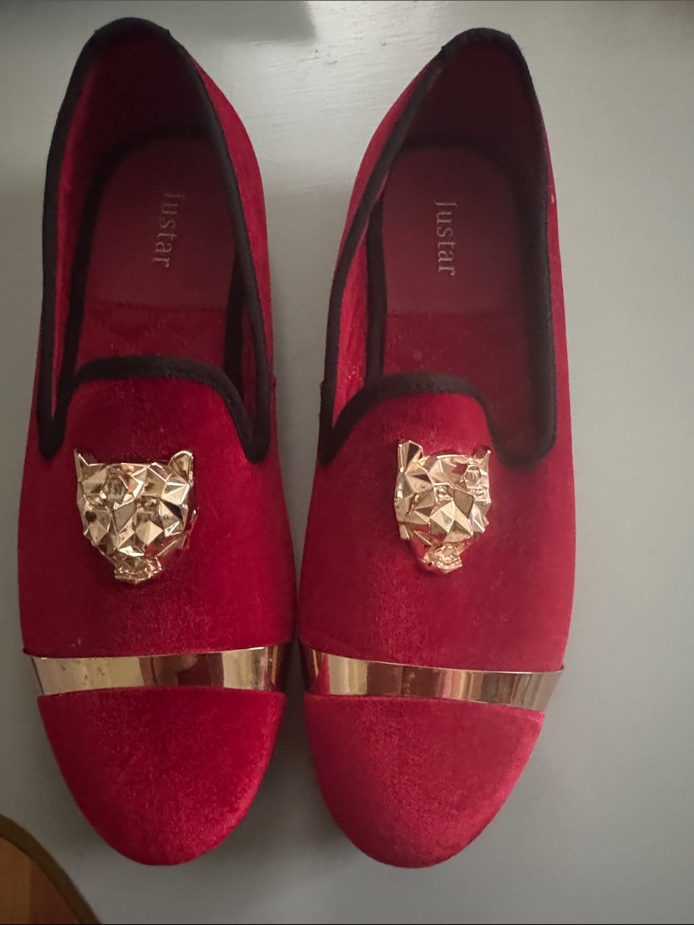 Red Velvet Loafers with Gold Accents